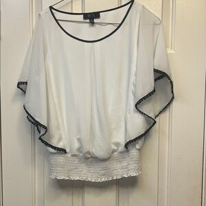 BCX white Batwing Blouse Edged in Black M NWOT